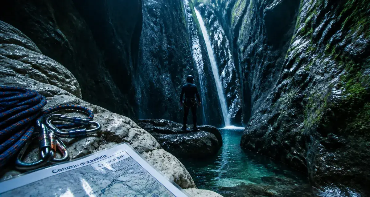Canyoning en Albanie au Canyon de Benje : corde, cascade et canyoniste.