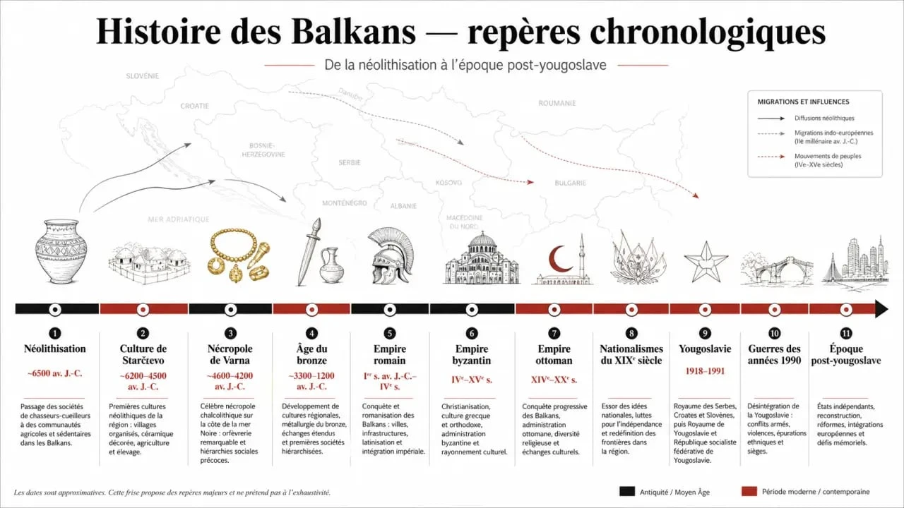 Frise chronologique de l’histoire balkans avec les grandes périodes, empires et conflits majeurs