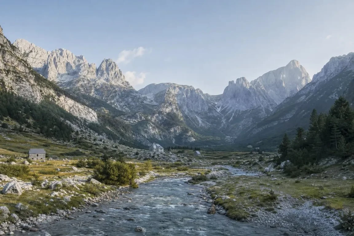 Paysage Albanie dans les Alpes albanaises avec vallée alpine et maisons de pierre
