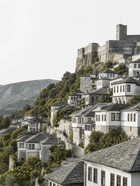 Paysage Albanie à Berat avec maisons de pierre en terrasses et forteresse