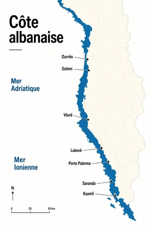 location albanie bord de mer : carte éditoriale des zones côtières pour comparer Saranda, Ksamil, Vlorë, Durrës et la Riviera albanaise