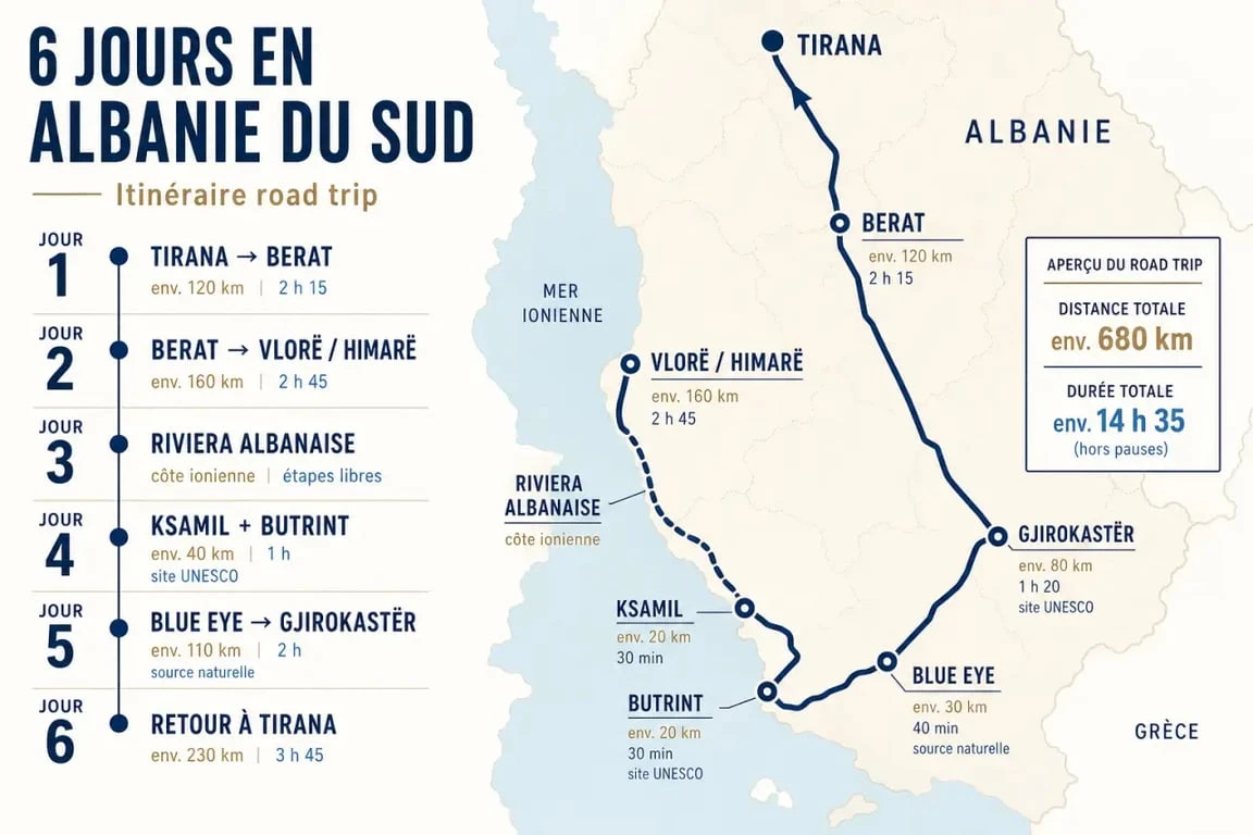 Road trip Albanie 6 jours : itinéraire visuel jour par jour entre Tirana, Berat, la Riviera, Ksamil et Gjirokastër