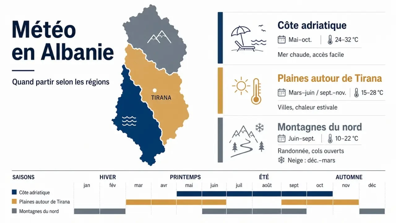 Météo albanie : visuel comparatif des saisons, de la côte, de Tirana et des Alpes albanaises