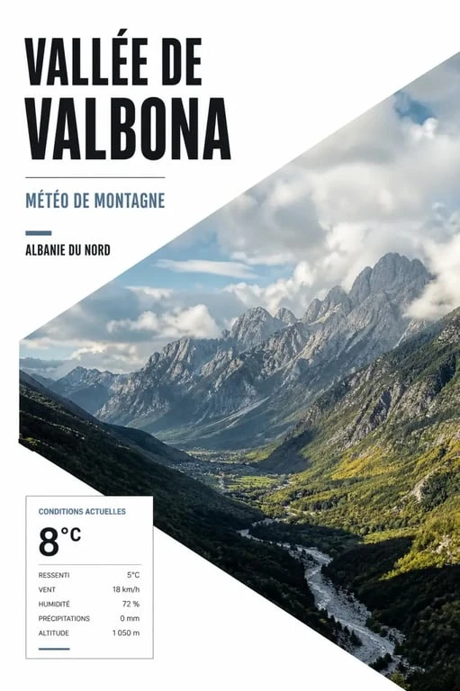 Météo Valbona Albanie : paysage de vallée montagneuse sous un ciel changeant