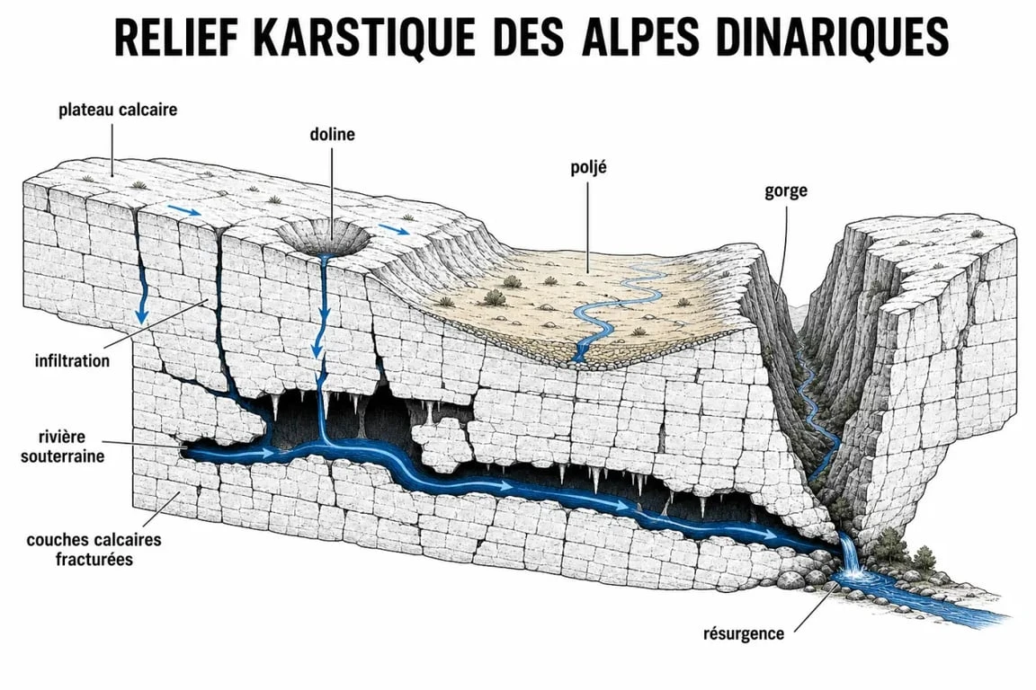 Schéma du karst dans les Alpes dinariques avec poljé et gorges