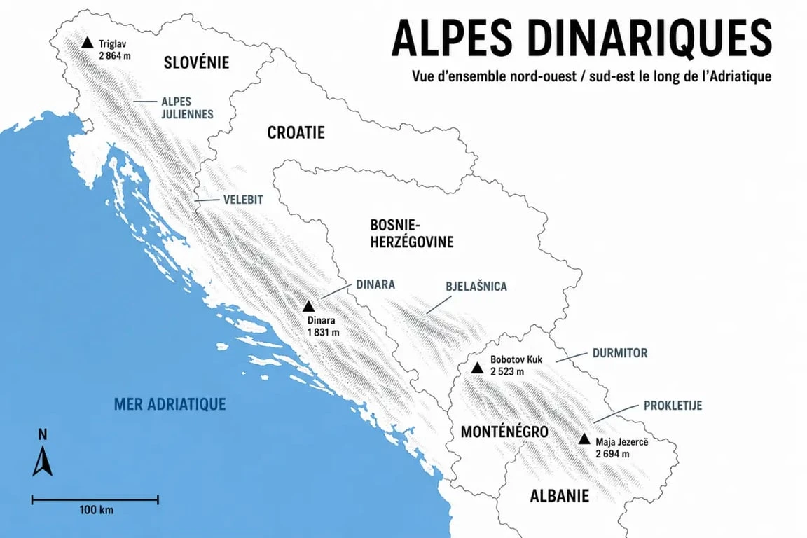Carte des Alpes dinariques avec les pays traversés et l’axe Adriatique