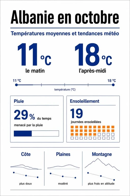 Infographie sur la température Albanie octobre avec températures moyennes, pluie et ensoleillement