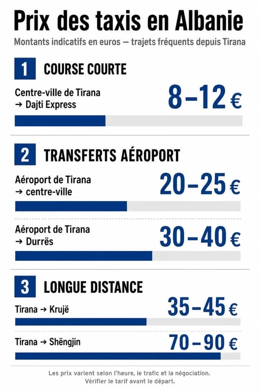 Prix taxi Albanie : infographie des trajets et tarifs indicatifs à Tirana et depuis l’aéroport