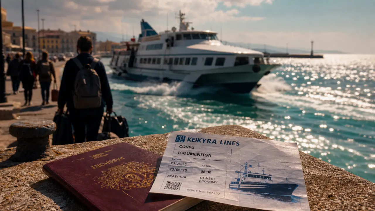 Ferry corfou albanie : billet et passeport sur le quai, hydroptère sur l’eau turquoise