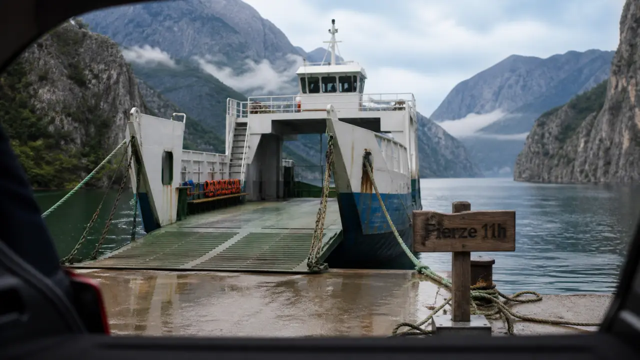 ferry lac koman albanie à Fierze, rampe ouverte sur le quai