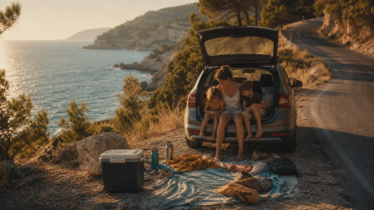 Road trip albanie en famille : voiture sur route côtière Ionienne, mer turquoise