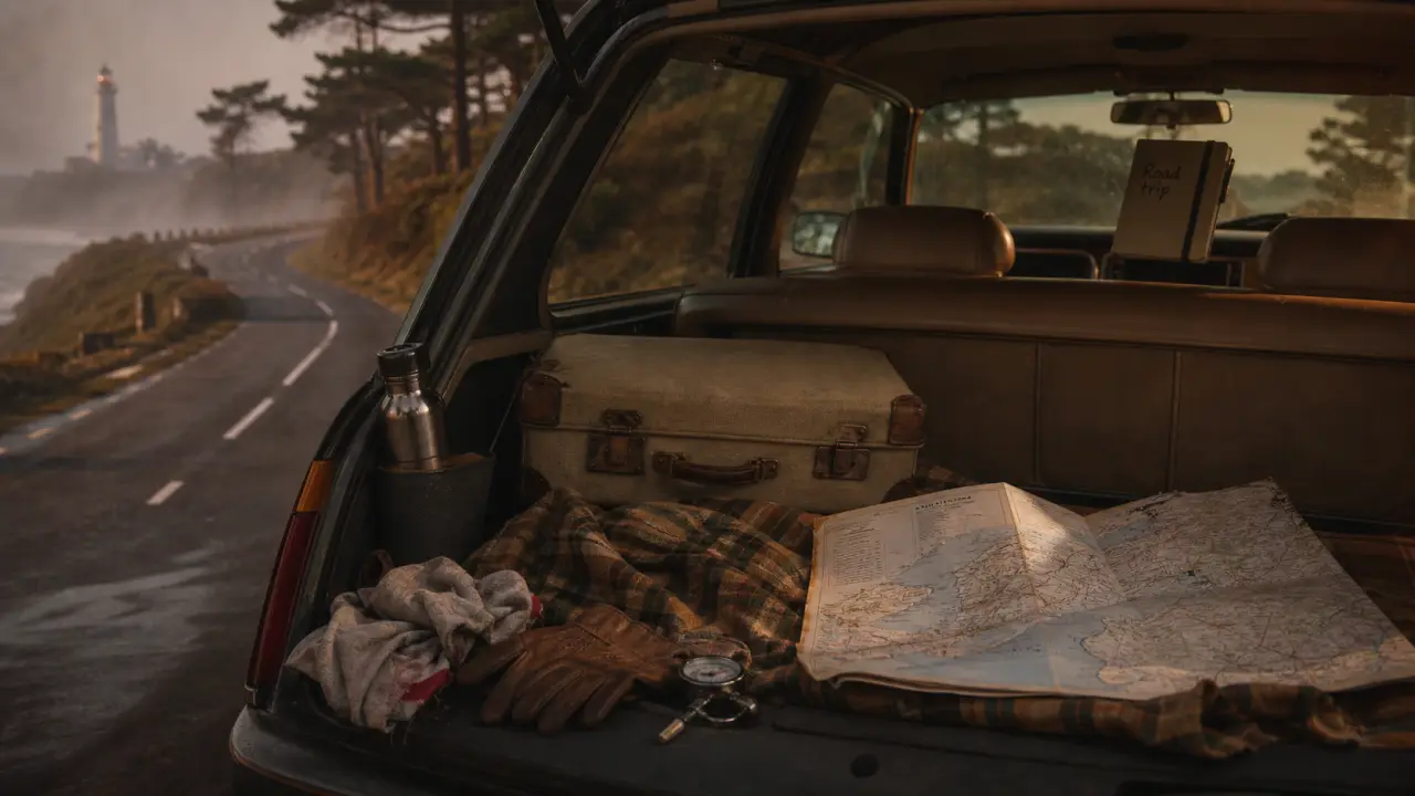 Road trip voiture en Bretagne : valises et carte sur la route