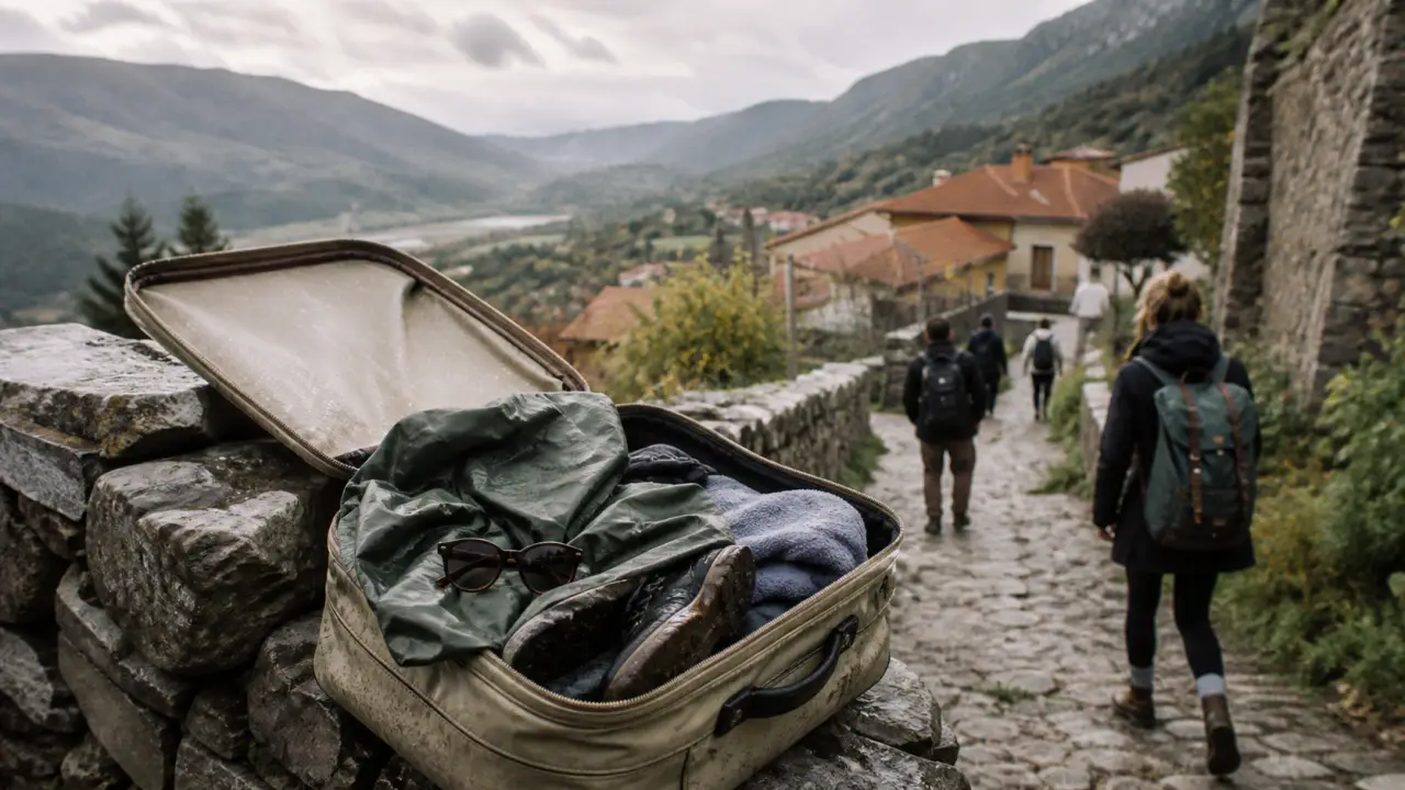 temperature albanie octobre : valise et imperméable pour voyager en Albanie