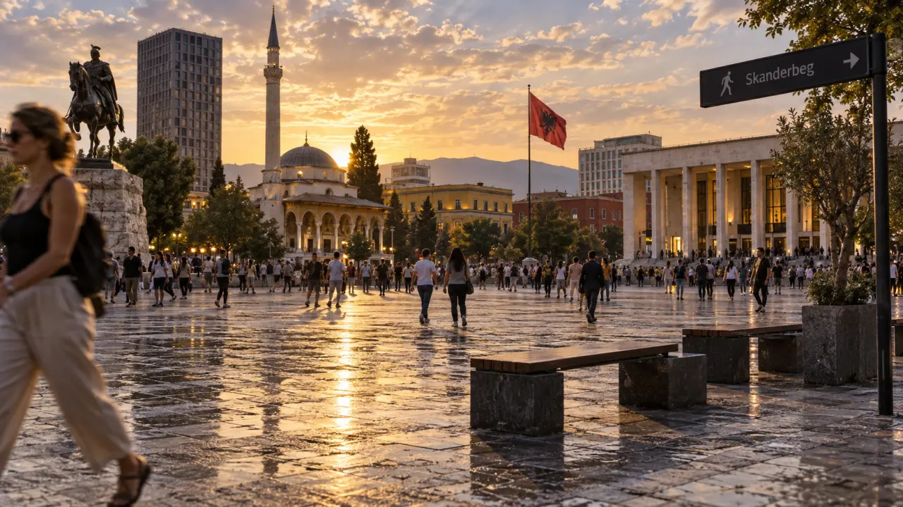 Activité Tirana Albanie : Place Skanderbeg et la mosquée Et’hem Bey