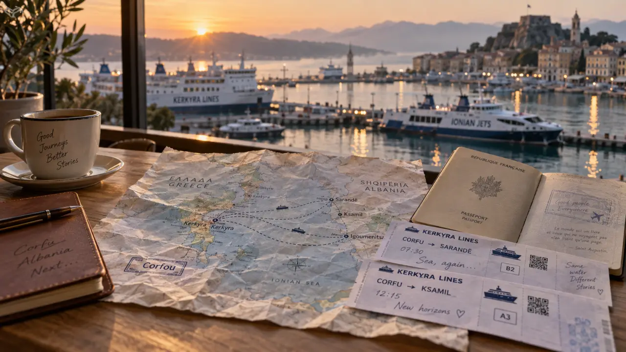 Billet d avion Saranda Albanie via l’aéroport de Corfou : port au lever du jour