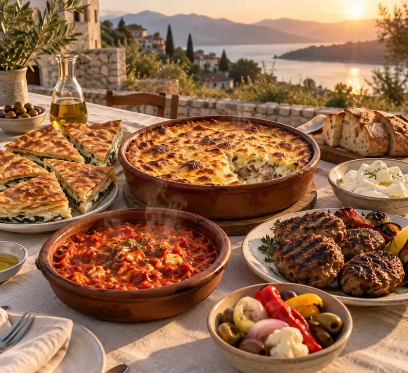 Table de spécialités de la gastronomie albanaise avec tavë kosi, byrek et fërgesë