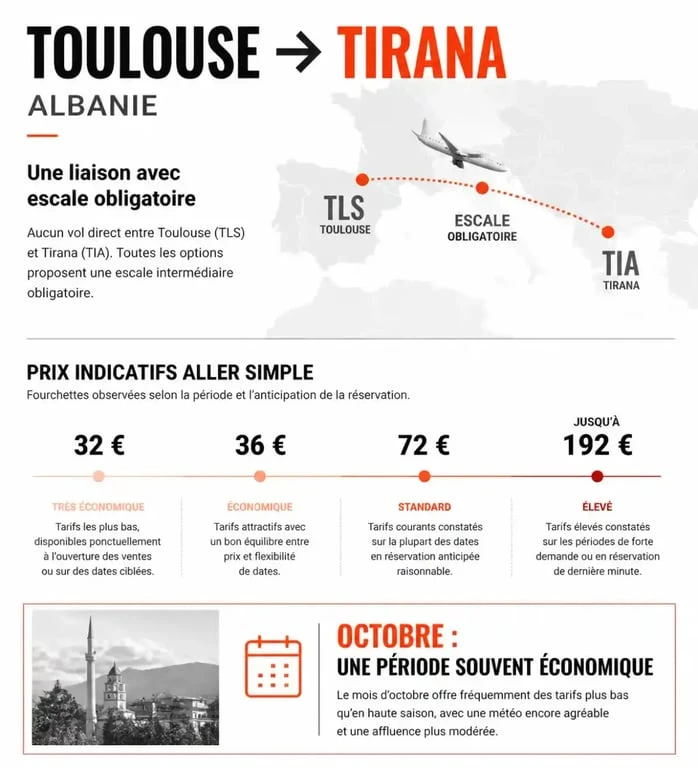 Infographie des prix et des escales pour un vol Toulouse Tirana Albanie