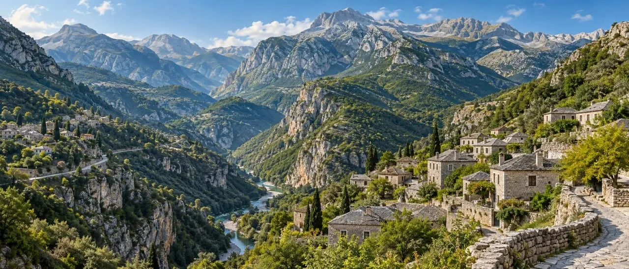 Paysage de la région des Balkans entre la Grèce et l’Albanie, dans l’Épire, avec les montagnes du Pinde et une vallée encaissée