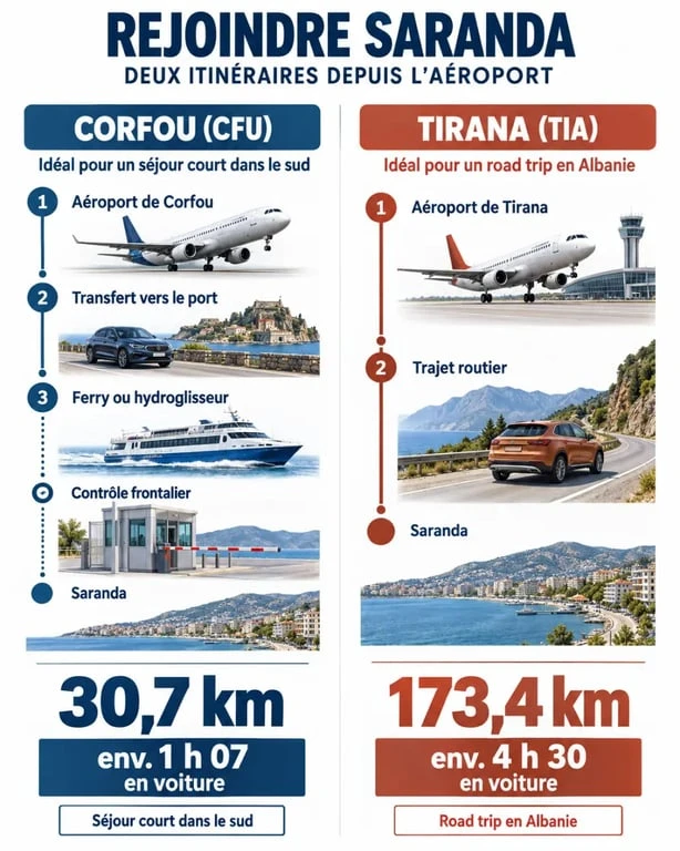 Infographie comparative de l’aéroport pour Saranda entre Corfou et Tirana