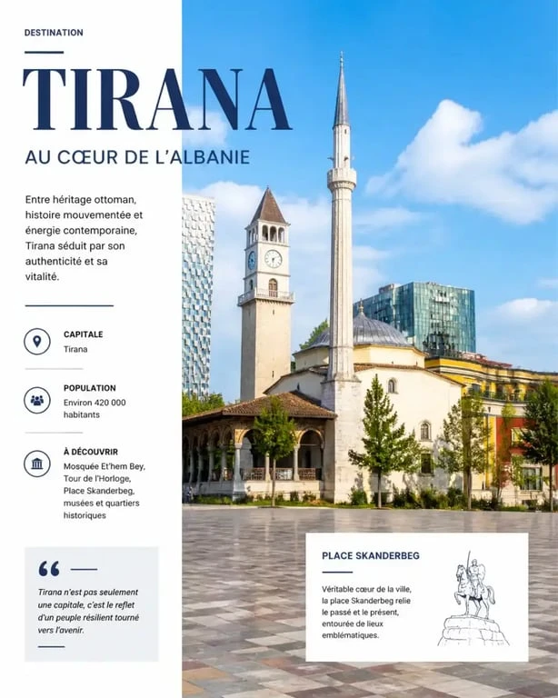 Place Skanderbeg à Tirana, point central pour un vol Paris Tirana Albanie