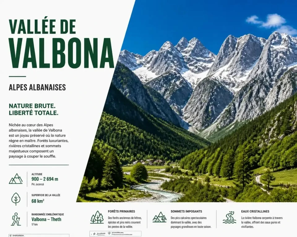 Paysage spectaculaire de la vallée de Valbona en Albanie, illustrant l'altitude et le relief des Alpes albanaises.