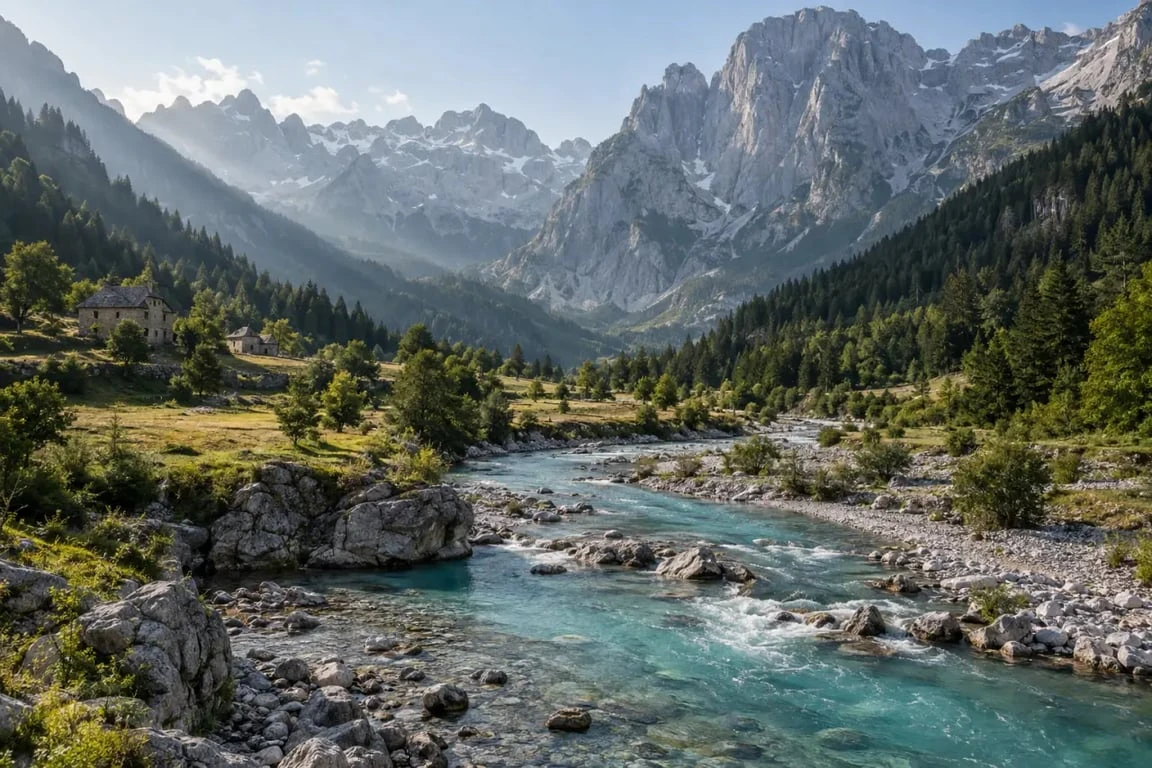 Que faire à Valbona Albanie : panorama de la vallée et de la rivière