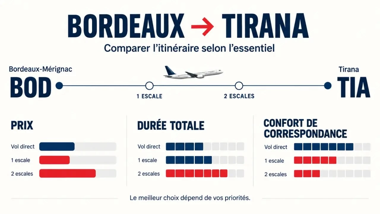 Vol Bordeaux Tirana Albanie avec escale : illustration des critères prix durée et correspondance