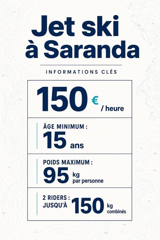 Jet ski albanie saranda : visuel éditorial avec prix, âge et poids à vérifier avant réservation
