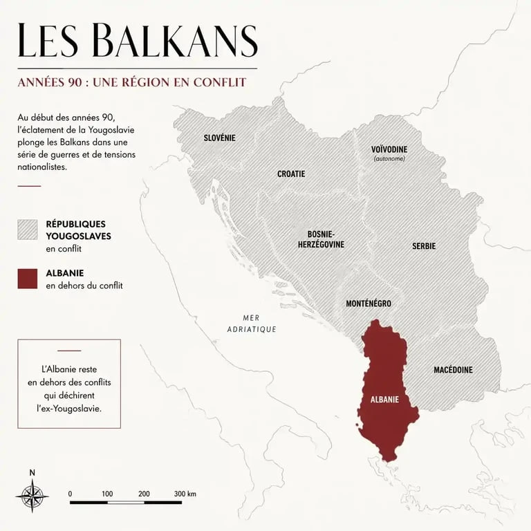 Carte des Balkans dans les années 90 illustrant la position de l'Albanie durant la guerre des Balkans