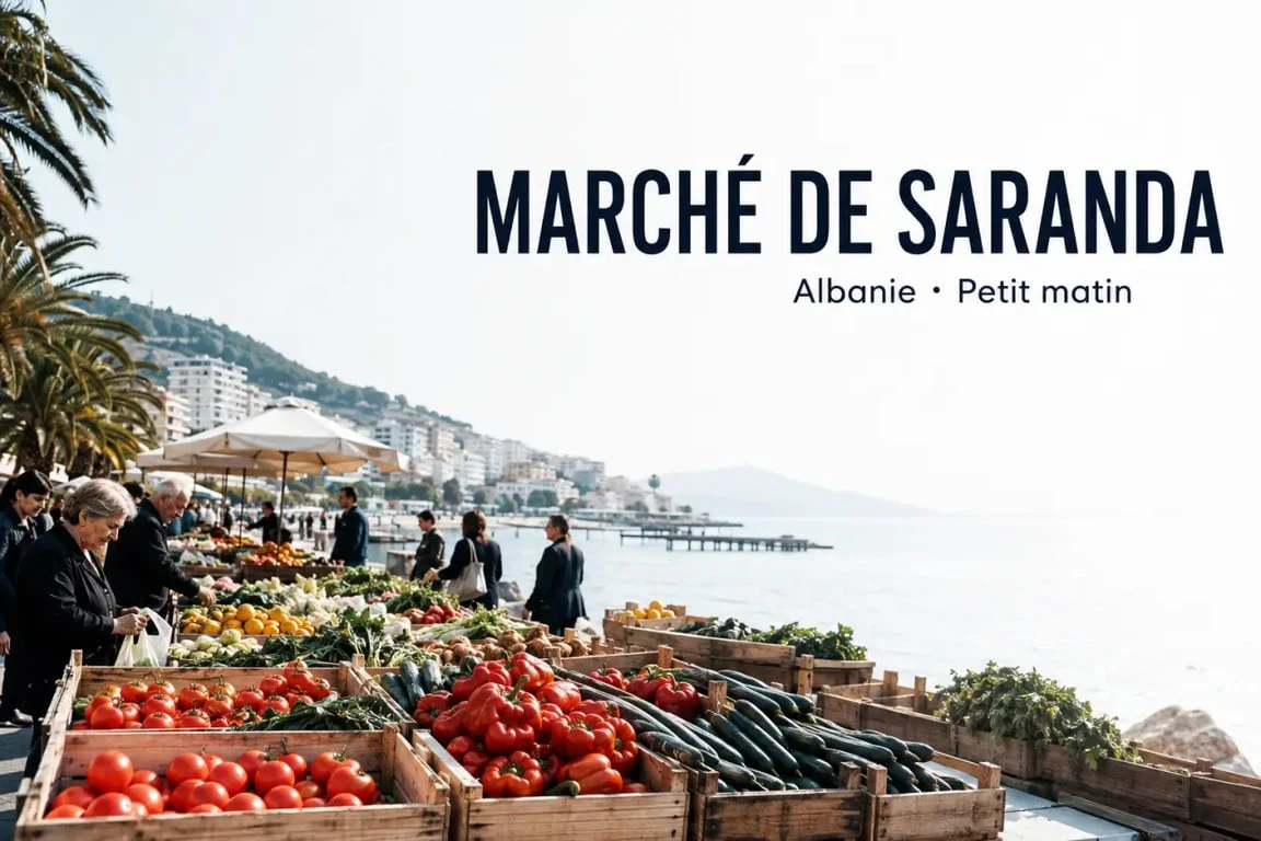Marché Saranda Albanie au petit matin avec étals de fruits et légumes frais