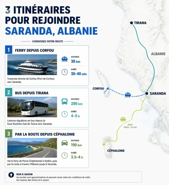 Carte des options de transport pour un billet d'avion vers Saranda Albanie