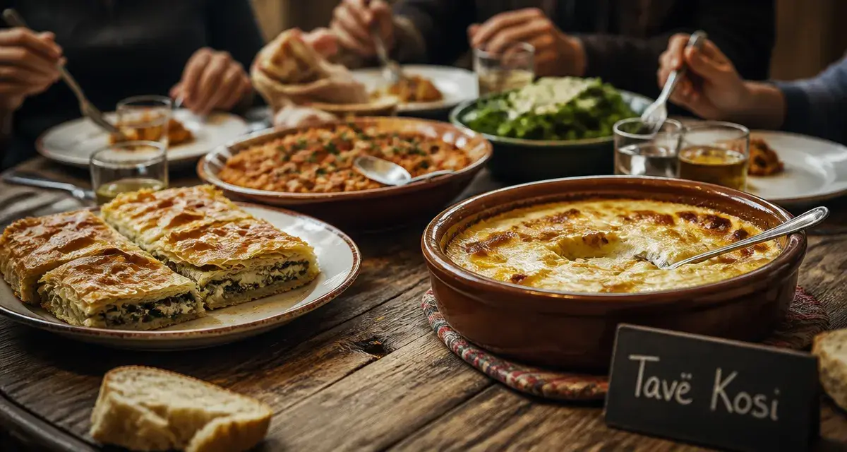 Gastronomie albanie : tavë kosi et byrek, repas balkanique partagé