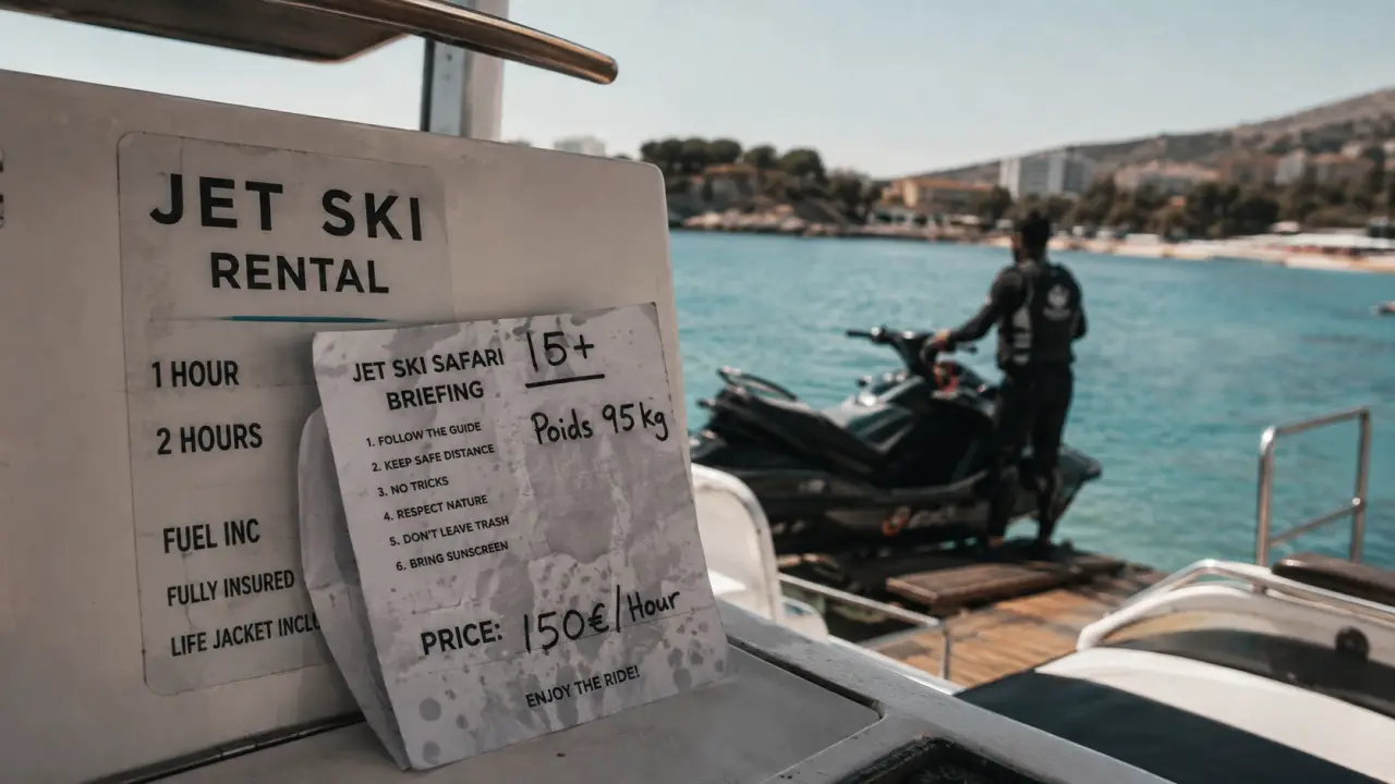 Jet ski albanie saranda : 150 € l’heure à Ksamil, panneau tarif et jet ski noir