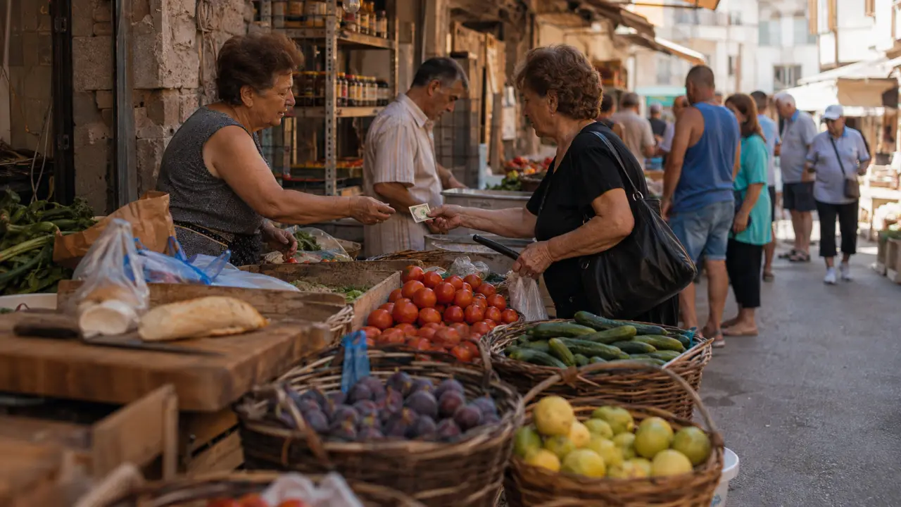 Marché saranda albanie au petit matin : étals de fruits et poissons