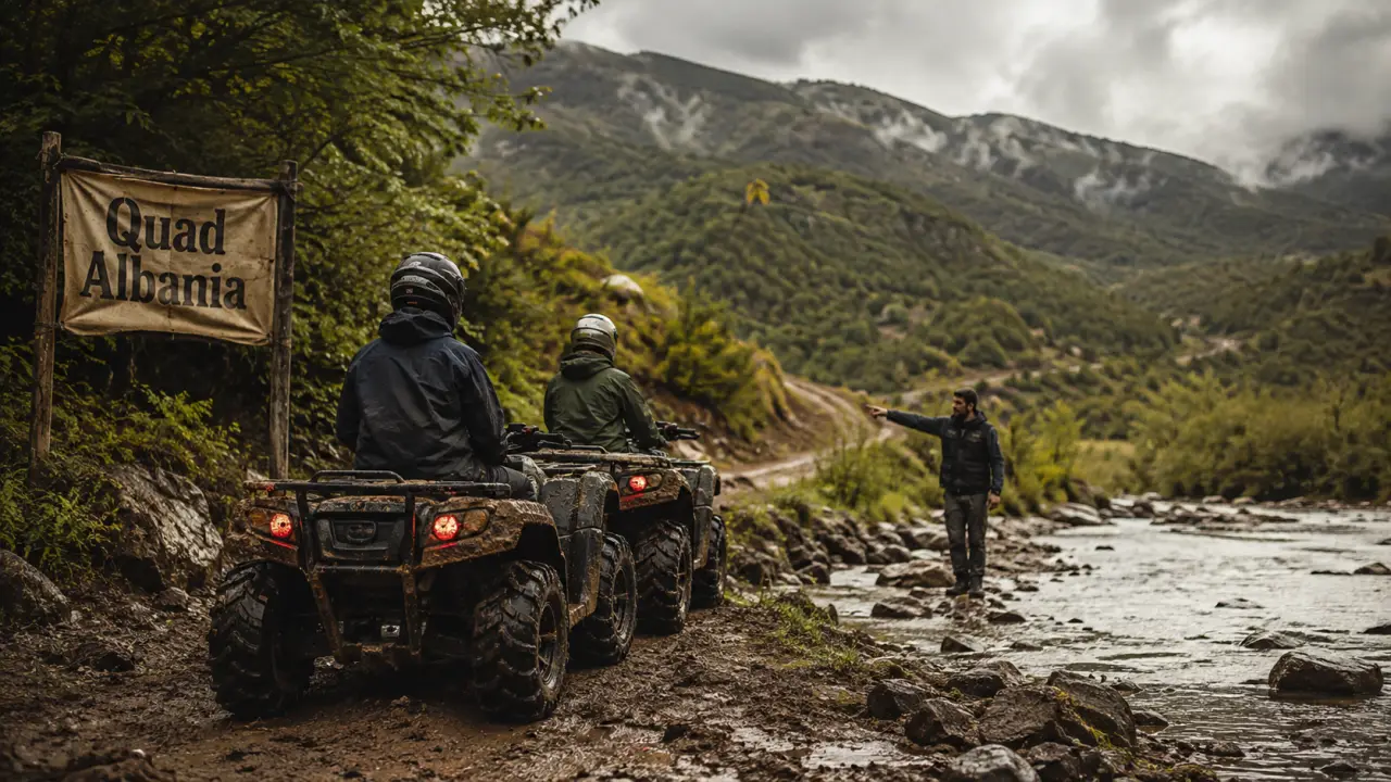 Quad albanie saranda : deux quads près d’une rivière, boue et piste