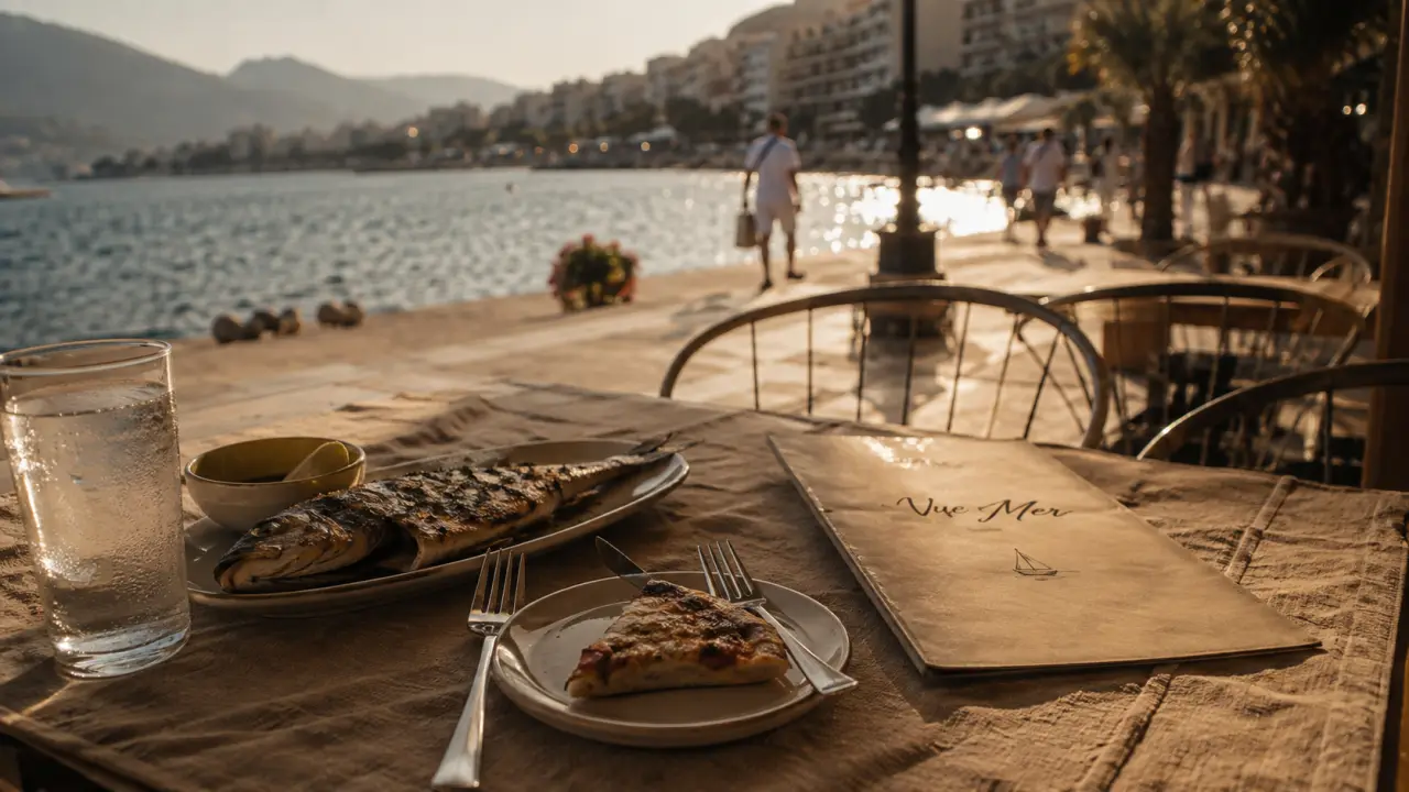 restaurant saranda albanie, vue mer : table et poisson grillé sur la promenade