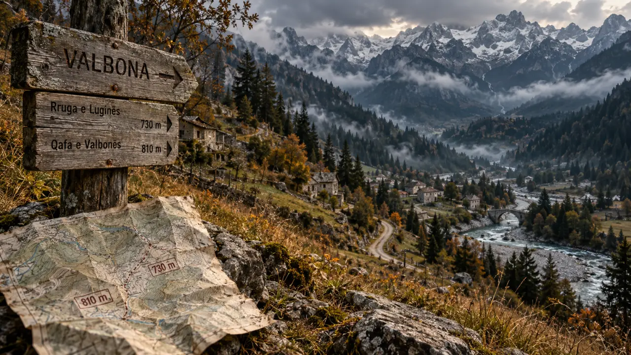 Valbona albanie altitude : route de terre vers le village, carte topo 730 m et 810 m