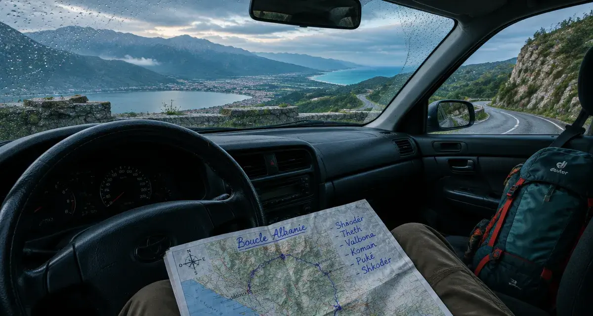 Albanie itinéraire : voiture sur route vers montagnes et mer turquoise