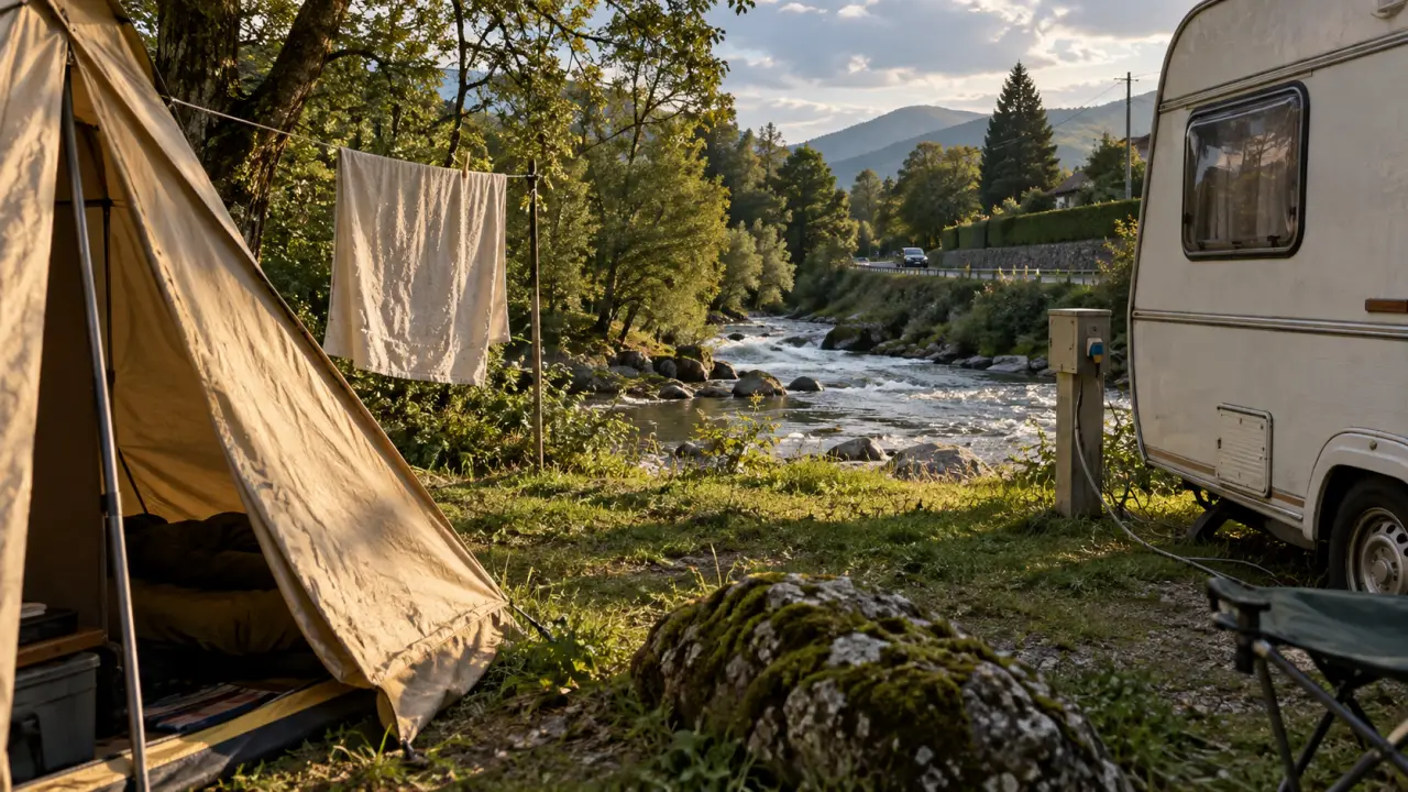 Camping Saranda Albanie Riverside : tente et rivière Bistrica, 0,3 km de la mer