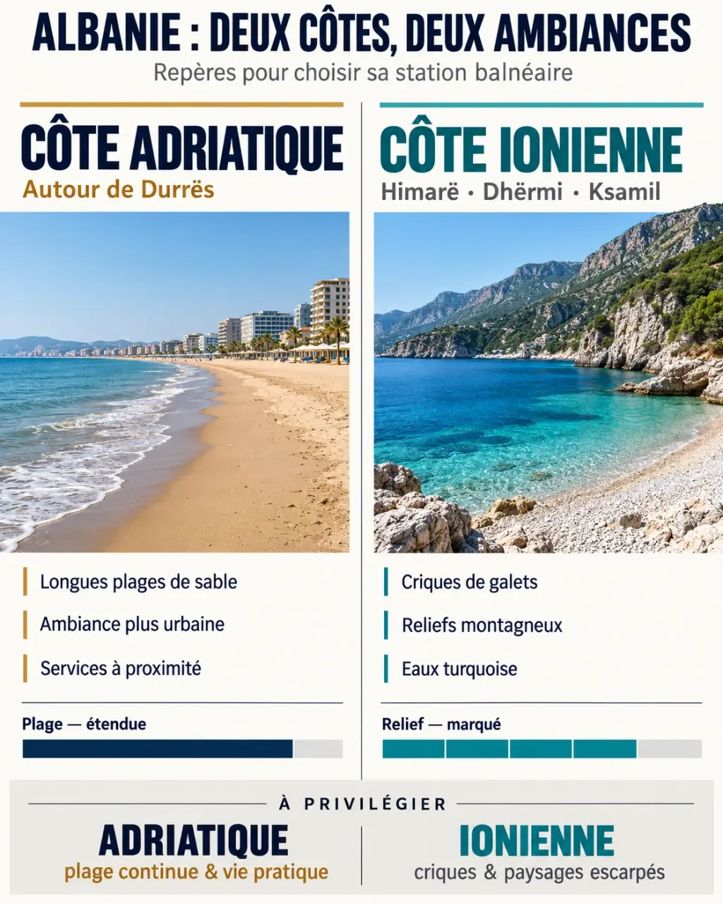 Infographie comparative des stations balnéaires d’Albanie entre côte Adriatique et Riviera albanaise
