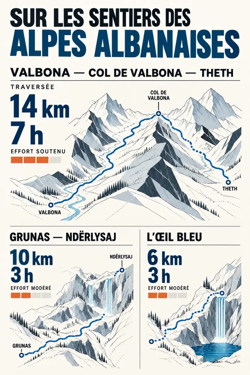 Itinéraires de randonnée dans les Alpes albanaises entre Theth et Valbona
