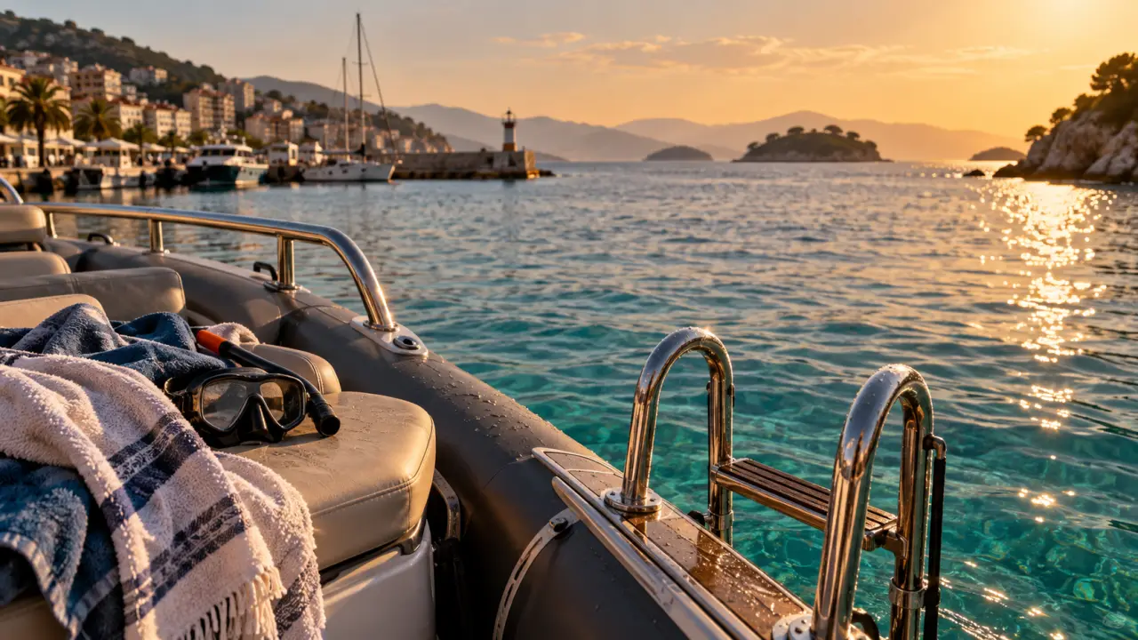 Location bateau Saranda Albanie : semi-rigide au port, eau turquoise