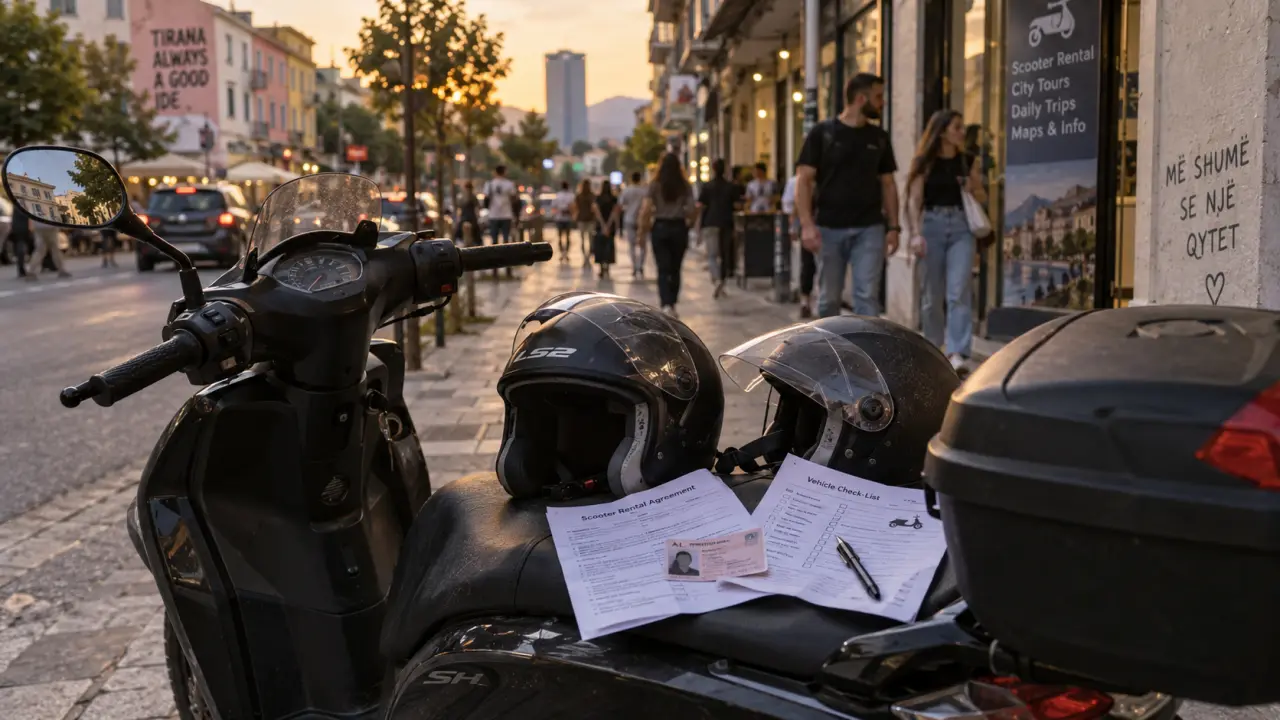 Location scooter Albanie Tirana : scooter noir et casques à Tirana