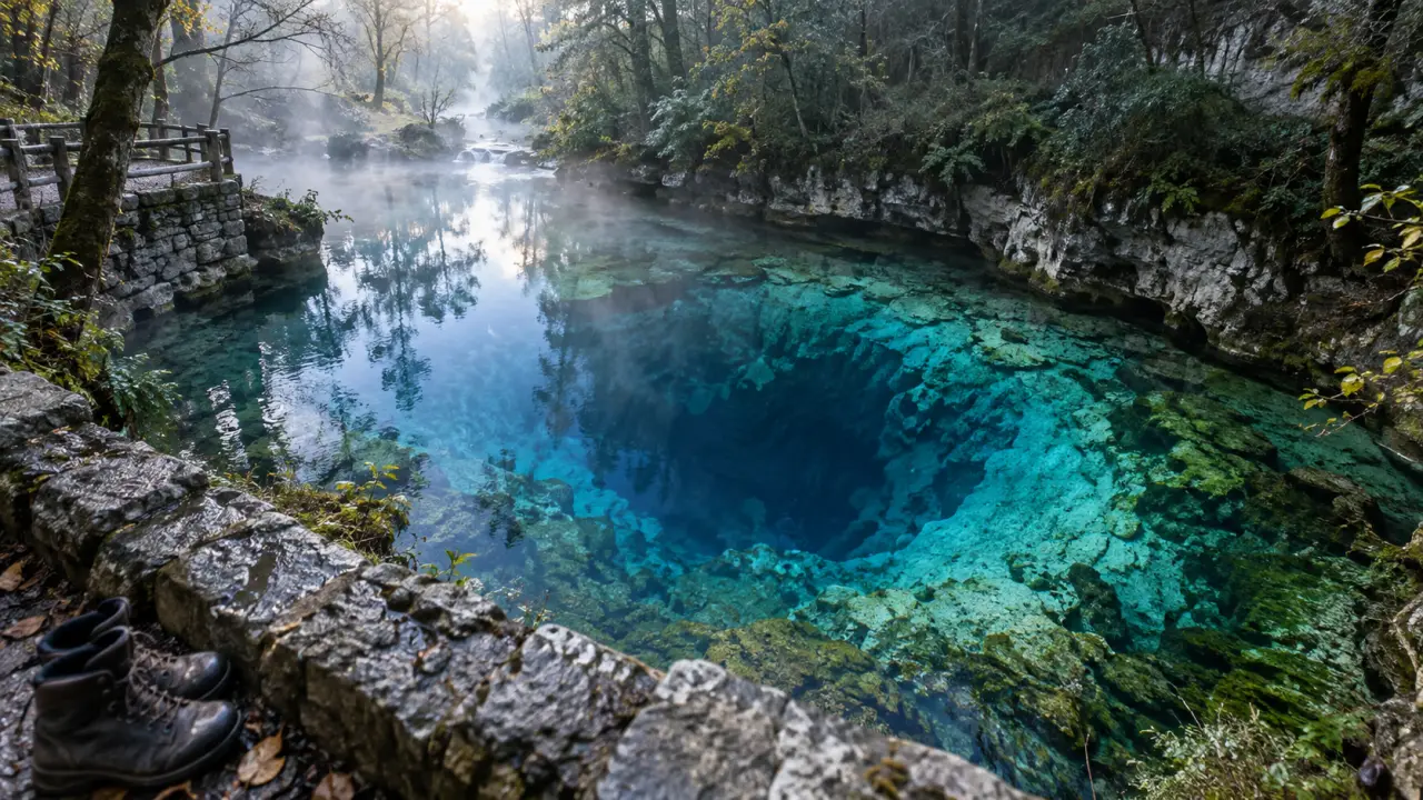 the blue eye saranda albanie, bassin turquoise sur plateforme en pierre